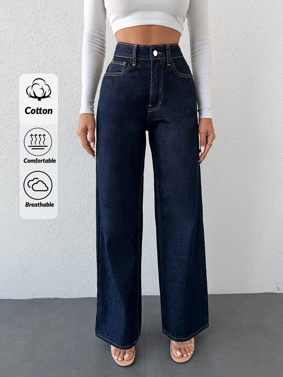 EURMUSE Slant Pocket Wide Leg Jeans ,Petite Women - Royal Blue - View 1