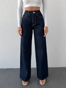 EURMUSE Slant Pocket Wide Leg Jeans ,Petite Women - Royal Blue - View 4