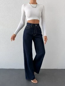 EURMUSE Slant Pocket Wide Leg Jeans ,Petite Women - Royal Blue - View 3