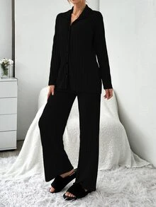 SHEIN Cottnline 2pcs Women Solid Ribbed Cardigan Top And Loose Bell-Bottom Pajama Pants Set - Black - View 4