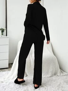 SHEIN Cottnline 2pcs Women Solid Ribbed Cardigan Top And Loose Bell-Bottom Pajama Pants Set - Black - View 2
