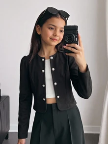 SHEIN Tween女孩秋冬休閒麂皮羊羔絨雙排扣優雅修身圓領開襟短款黑色夾克，母女套裝 - 黑色 - 查看 3
