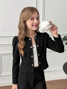SHEIN Tween女孩秋冬休閒麂皮羊羔絨雙排扣優雅修身圓領開襟短款黑色夾克，母女套裝 - 黑色 - 查看 5