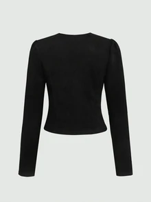 SHEIN Tween女孩秋冬休閒麂皮羊羔絨雙排扣優雅修身圓領開襟短款黑色夾克，母女套裝 - 黑色 - 查看 4
