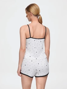 Bonmuse Women 2pcs Polka Dot Print Contrast Lace Trim Bow Front Cami Top & Shorts Pajama Set, Sleeveless Summer Sleepwear - White - View 2