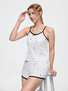 Bonmuse Women 2pcs Polka Dot Print Contrast Lace Trim Bow Front Cami Top & Shorts Pajama Set, Sleeveless Summer Sleepwear - White - View 1