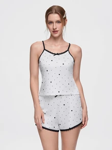 Bonmuse Women 2pcs Polka Dot Print Contrast Lace Trim Bow Front Cami Top & Shorts Pajama Set, Sleeveless Summer Sleepwear - White - View 4