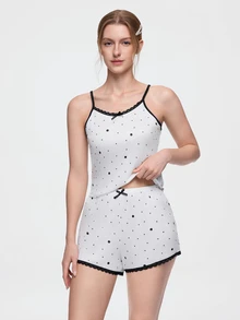 Bonmuse Women 2pcs Polka Dot Print Contrast Lace Trim Bow Front Cami Top & Shorts Pajama Set, Sleeveless Summer Sleepwear - White - View 5