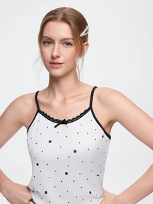 Bonmuse Women 2pcs Polka Dot Print Contrast Lace Trim Bow Front Cami Top & Shorts Pajama Set, Sleeveless Summer Sleepwear - White - View 7