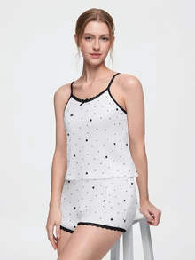 Bonmuse Women 2pcs Polka Dot Print Contrast Lace Trim Bow Front Cami Top & Shorts Pajama Set, Sleeveless Summer Sleepwear - White - View 8