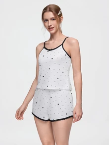Bonmuse Women 2pcs Polka Dot Print Contrast Lace Trim Bow Front Cami Top & Shorts Pajama Set, Sleeveless Summer Sleepwear - White - View 3