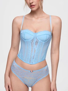 Bonmuse ملابس داخلية نسائية صيفية مثيرة من الدانتيل والشبك بحمالات رفيعة وظهر مكشوف وتصميم كورسيه بعظام سمكة للتحكم في البطن وتشكيل الجسم، توب باندو بدون حمالات - أزرق فاتح اللون - مشاهدة 8
