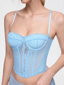 Bonmuse ملابس داخلية نسائية صيفية مثيرة من الدانتيل والشبك بحمالات رفيعة وظهر مكشوف وتصميم كورسيه بعظام سمكة للتحكم في البطن وتشكيل الجسم، توب باندو بدون حمالات - أزرق فاتح اللون - مشاهدة 9