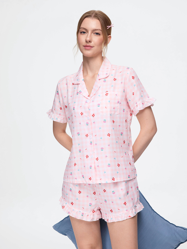 Bonmuse Women's Pink Plaid Cherry Print Single-Breasted Ruffle Short Sleeve Top And Shorts Casual Pajama Set