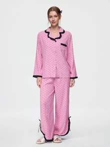 Bonmuse Women's Random Print Polka Dot Lace Patchwork Pajama Set, Comfortable Loose Fashion Loungewear - Pink - View 3