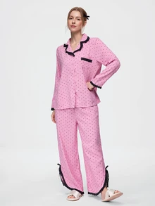Bonmuse Women's Random Print Polka Dot Lace Patchwork Pajama Set, Comfortable Loose Fashion Loungewear - Pink - View 1