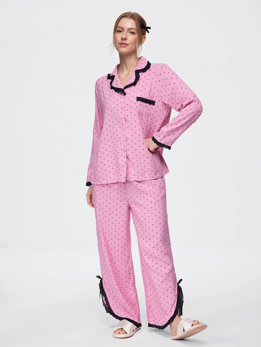 Bonmuse Women's Random Print Polka Dot Lace Patchwork Pajama Set, Comfortable Loose Fashion Loungewear - Pink - View 1