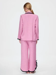 Bonmuse Women's Random Print Polka Dot Lace Patchwork Pajama Set, Comfortable Loose Fashion Loungewear - Pink - View 2