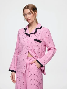 Bonmuse Women's Random Print Polka Dot Lace Patchwork Pajama Set, Comfortable Loose Fashion Loungewear - Pink - View 8