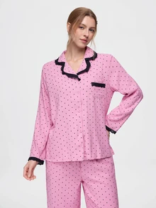 Bonmuse Women's Random Print Polka Dot Lace Patchwork Pajama Set, Comfortable Loose Fashion Loungewear - Pink - View 4
