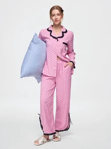 Bonmuse Women's Random Print Polka Dot Lace Patchwork Pajama Set, Comfortable Loose Fashion Loungewear - Pink - View 7