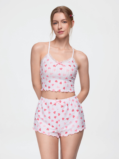 Bonmuse Conjunto de pijama de camisola para mujer con estampado de corazones, diseño de espalda cruzada, conjunto de camisola y pantalones cortos