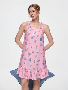 Bonmuse Women's Cute Seahorse & Shell Print Sleeveless Pajamas - Lightweight Ruffled Strap & Hem, Breathable Summer Loungewear, Casual Elegant Nightgown, Comfortable Sleepwear, Cold-Shoulder Robe, Decorative Design - Pink - View 7