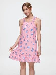 Bonmuse Women's Cute Seahorse & Shell Print Sleeveless Pajamas - Lightweight Ruffled Strap & Hem, Breathable Summer Loungewear, Casual Elegant Nightgown, Comfortable Sleepwear, Cold-Shoulder Robe, Decorative Design - Pink - View 4