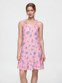 Bonmuse Women's Cute Seahorse & Shell Print Sleeveless Pajamas - Lightweight Ruffled Strap & Hem, Breathable Summer Loungewear, Casual Elegant Nightgown, Comfortable Sleepwear, Cold-Shoulder Robe, Decorative Design - Pink - View 3
