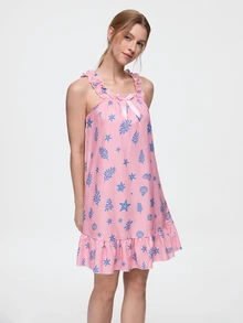 Bonmuse Women's Cute Seahorse & Shell Print Sleeveless Pajamas - Lightweight Ruffled Strap & Hem, Breathable Summer Loungewear, Casual Elegant Nightgown, Comfortable Sleepwear, Cold-Shoulder Robe, Decorative Design - Pink - View 5