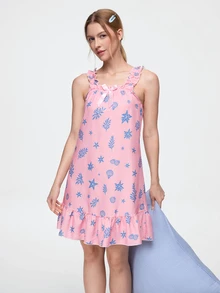 Bonmuse Women's Cute Seahorse & Shell Print Sleeveless Pajamas - Lightweight Ruffled Strap & Hem, Breathable Summer Loungewear, Casual Elegant Nightgown, Comfortable Sleepwear, Cold-Shoulder Robe, Decorative Design - Pink - View 1