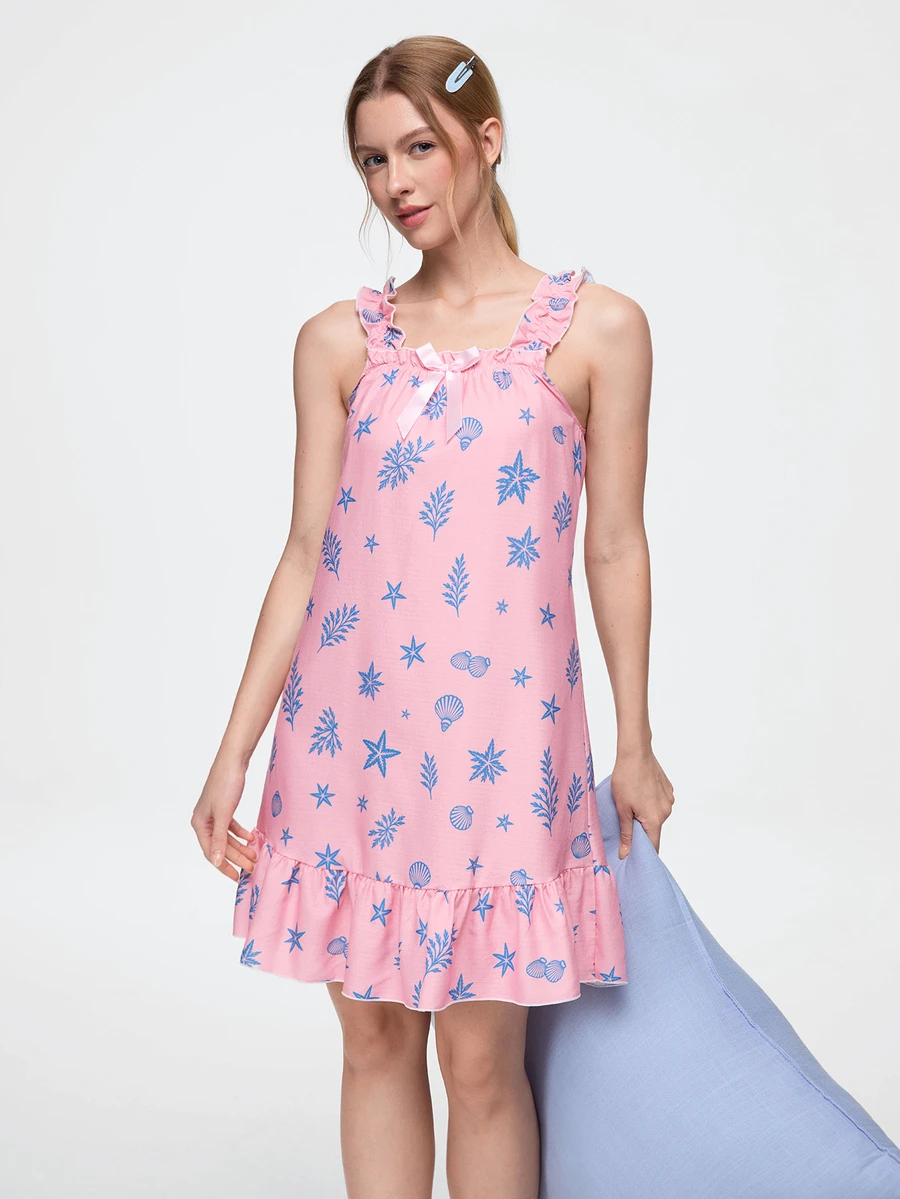 Bonmuse Women's Cute Seahorse & Shell Print Sleeveless Pajamas - Lightweight Ruffled Strap & Hem, Breathable Summer Loungewear, Casual Elegant Nightgown, Comfortable Sleepwear, Cold-Shoulder Robe, Decorative Design - Pink - View 1