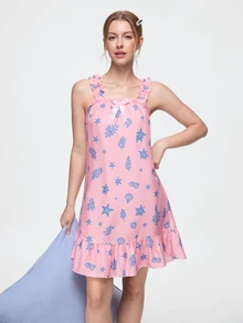 Bonmuse Women's Cute Seahorse & Shell Print Sleeveless Pajamas - Lightweight Ruffled Strap & Hem, Breathable Summer Loungewear, Casual Elegant Nightgown, Comfortable Sleepwear, Cold-Shoulder Robe, Decorative Design - Pink - View 8