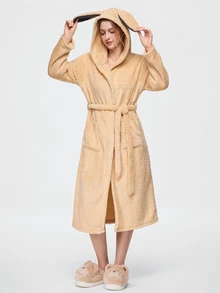 Bonmuse Women's Autumn/Winter Bathrobe, Double-Sided Plush Rabbit Ears Casual Pajamas Homewear - Apricot - View 6