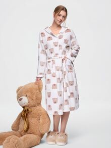 Bonmuse Autumn/Winter Plush Hooded Cute Bear Women's Loungewear Robe - White - View 1