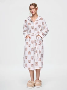 Bonmuse Autumn/Winter Plush Hooded Cute Bear Women's Loungewear Robe - White - View 3