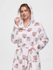 Bonmuse Autumn/Winter Plush Hooded Cute Bear Women's Loungewear Robe - White - View 8