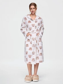 Bonmuse Autumn/Winter Plush Hooded Cute Bear Women's Loungewear Robe - White - View 5