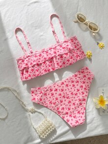 SHEIN Swim 花卉飾邊可愛甜美復古休閒海灘海灘派對度假度假女性泳裝套裝粉色花卉花卉夏季 - 粉色 - 查看 5