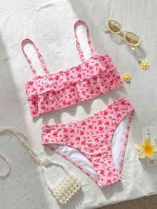 SHEIN Swim 花卉飾邊可愛甜美復古休閒海灘海灘派對度假度假女性泳裝套裝粉色花卉花卉夏季 - 粉色 - 查看 3