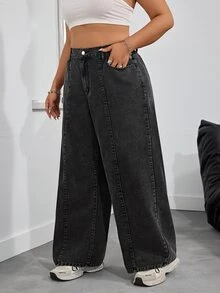 SHEIN PETITE CURVE 大尺碼休閒正常水洗高腰寬腿牛仔褲 灰色 夏季 - 黑色 - 查看 5
