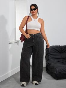 SHEIN PETITE CURVE 大尺碼休閒正常水洗高腰寬腿牛仔褲 灰色 夏季 - 黑色 - 查看 3