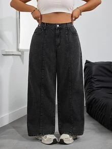 SHEIN PETITE CURVE 大尺碼休閒正常水洗高腰寬腿牛仔褲 灰色 夏季 - 黑色 - 查看 4