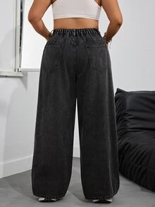 SHEIN PETITE CURVE 大尺碼休閒正常水洗高腰寬腿牛仔褲 灰色 夏季 - 黑色 - 查看 2