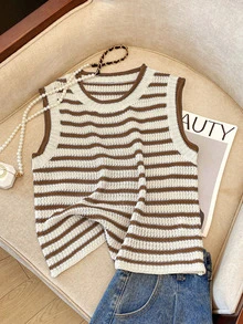 Franclia Rompi Pendek Rajut Garis-Garis Blok Warna Retro Baru, Desain Unik, Sweater Wanita Tanpa Lengan, Atasan Pendek - Chocolate Brown - View 3