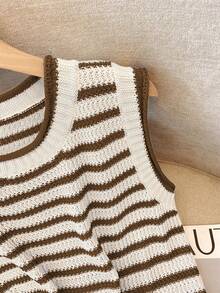 Franclia Rompi Pendek Rajut Garis-Garis Blok Warna Retro Baru, Desain Unik, Sweater Wanita Tanpa Lengan, Atasan Pendek - Chocolate Brown - View 4