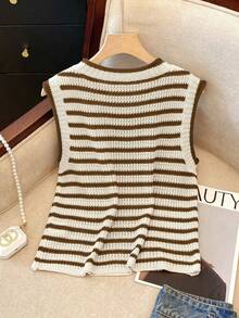 Franclia Rompi Pendek Rajut Garis-Garis Blok Warna Retro Baru, Desain Unik, Sweater Wanita Tanpa Lengan, Atasan Pendek - Chocolate Brown - View 2