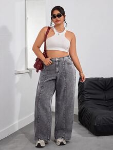 SHEIN PETITE CURVE Plus Size Casual Washed Wide Leg Jeans - Grey - View 6
