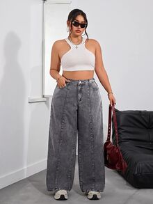 SHEIN PETITE CURVE Plus Size Casual Washed Wide Leg Jeans - Grey - View 4