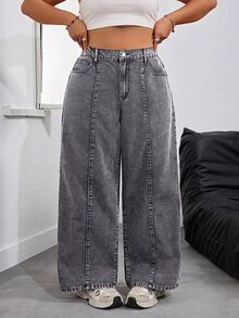 SHEIN PETITE CURVE Plus Size Casual Washed Wide Leg Jeans - Grey - View 3
